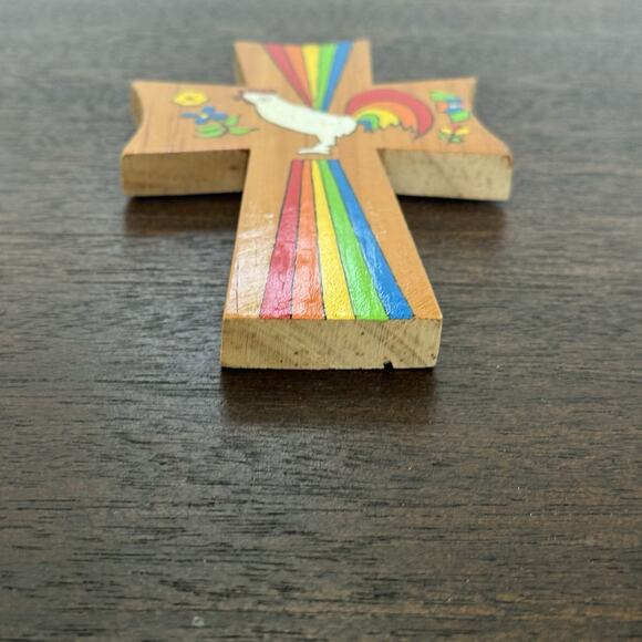 Cross El Salvador Vtg Handmade Rooster Rainbow Folk Art Colors Floral Religious - Picture 9 of 15